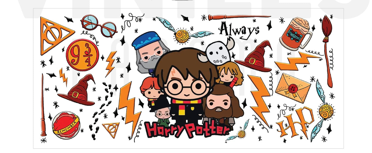 Harry Potter 16oz Libbey Glass Cup Wrap UVDTF, Ready to apply decal STICKERS chibi cartoon Hogwarts crest, Deathly Hallows symbol, and Golden Snitch WIZARD HP