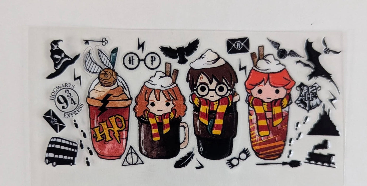 Harry Potter drink coffee 16oz Libbey Glass Cup Wrap UVDTF, Ready to apply decal STICKERS Harry Potter, Hermione Granger, and Ron Weasley HP