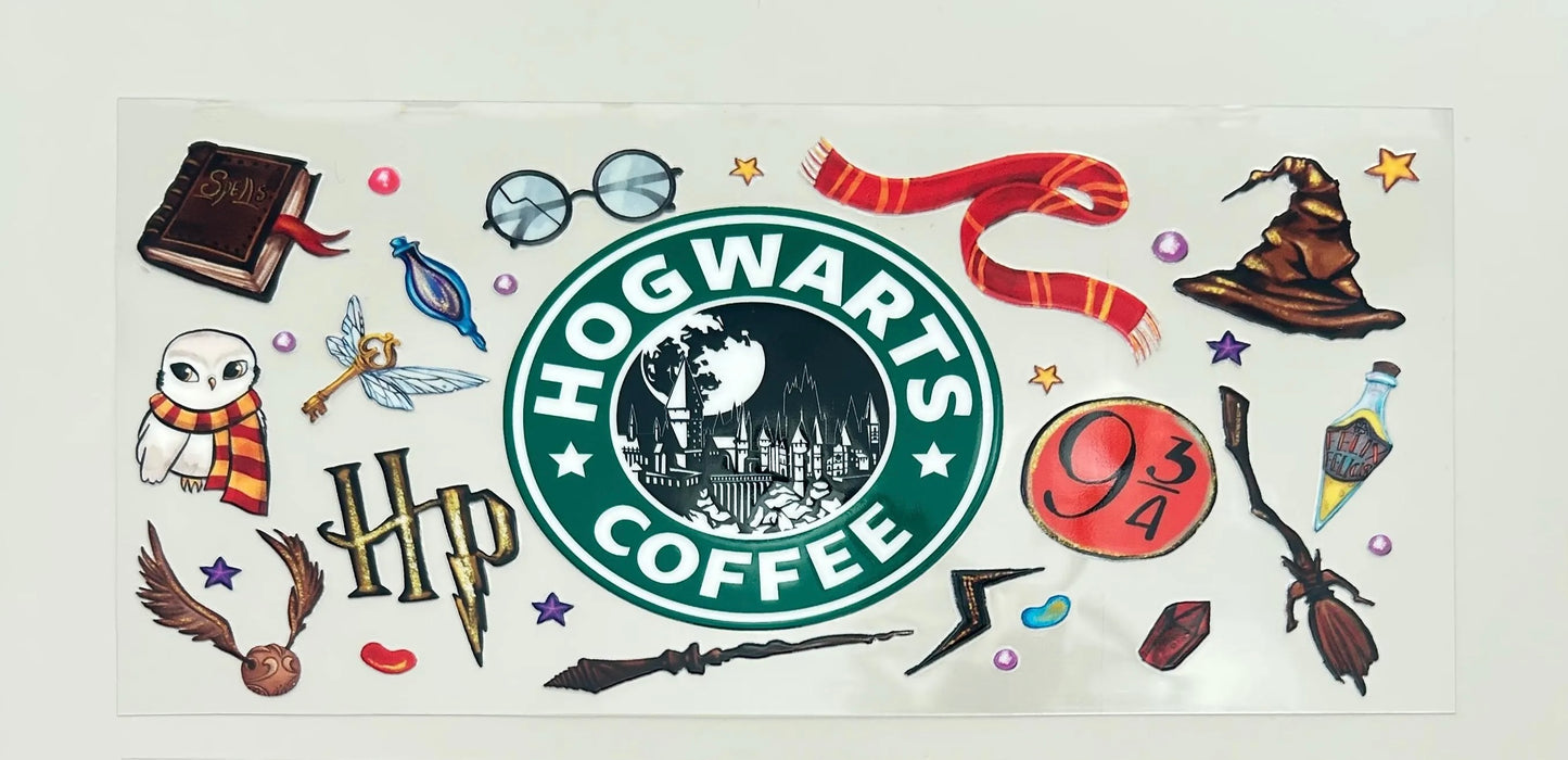 Harry Potter Starbucks Hogwarts castle 16oz Libbey Glass Cup Wrap UVDTF, Ready to apply decal STICKERS HP Golden Snitch, Sorting Hat, wand, Hedwig the owl, and the Platform 9¾ sign