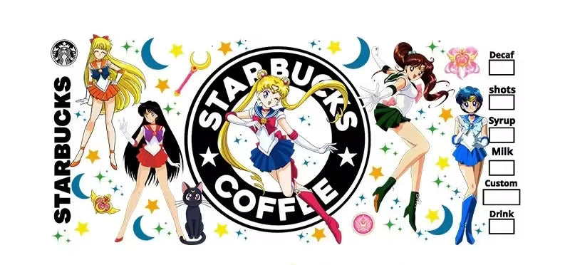 Sailor Moon Usagi Tsukino 16oz Libbey Glass Cup Wrap UVDTF, Ready to apply decal STICKERS Japanese manga anime Sailor Moon, Sailor Mars, Sailor Mercury, and Sailor Venus, Starbucks logo Coffee