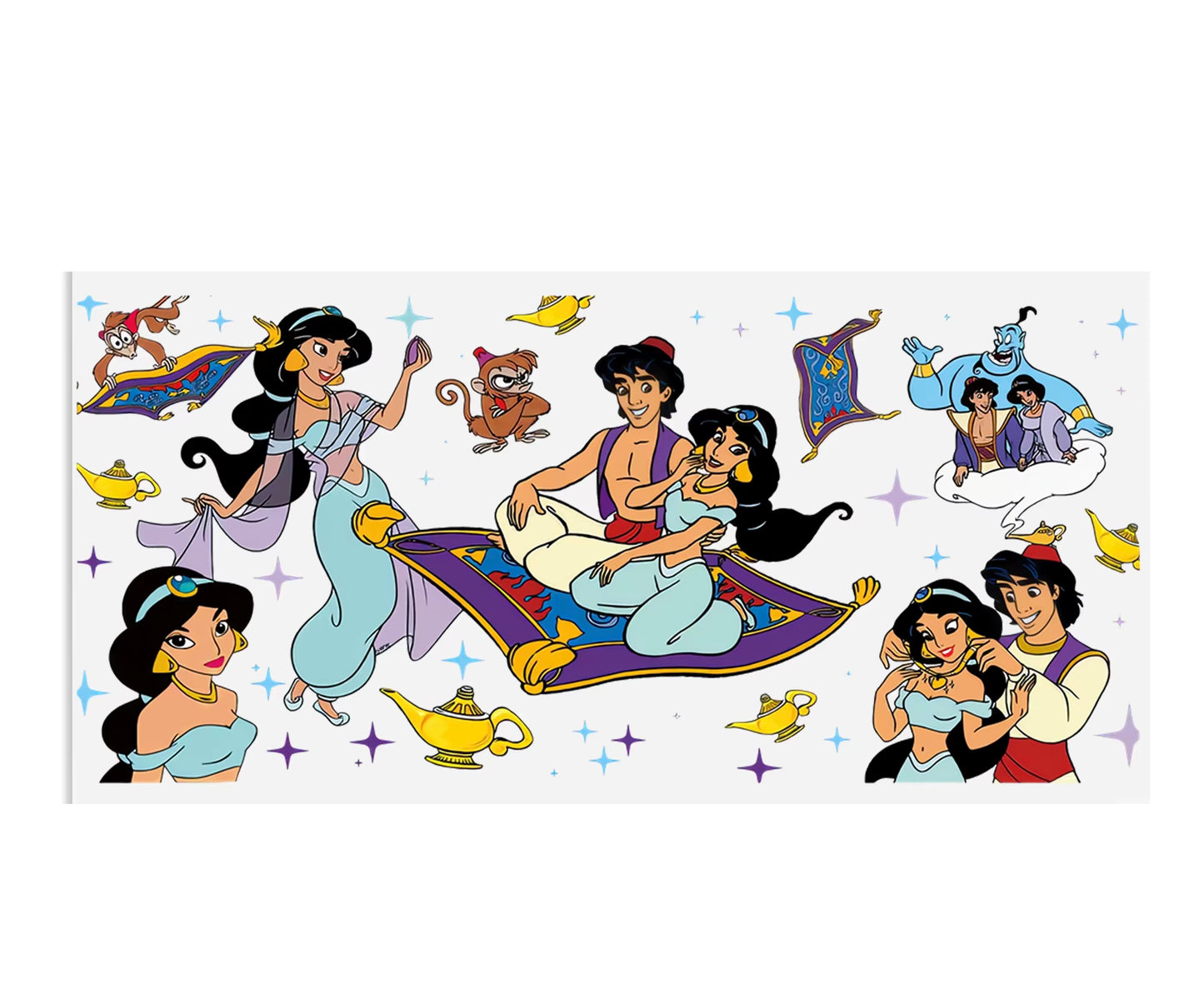 Disney movie Aladdin magic carpet 16oz UVDTF cup wrap, ready to apply STICKERS decals Princess Jasmine, Aladdin, Abu the monkey, and Genie