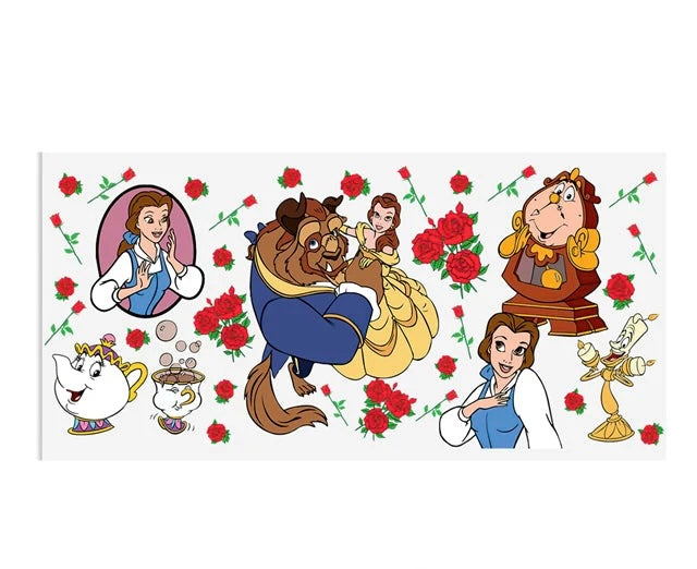 Disney movie Beauty Belle and the Beast 16oz Libbey Glass Cup Wrap UVDTF, Ready to apply decal STICKERS Princess, Cogsworth, Lumière, Mrs. Potts, and Chip