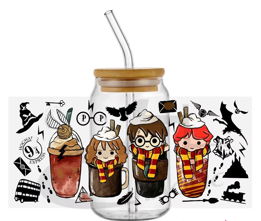 Harry Potter drink coffee 16oz Libbey Glass Cup Wrap UVDTF, Ready to apply decal STICKERS Harry Potter, Hermione Granger, and Ron Weasley HP