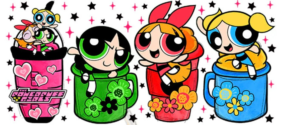 The Powerpuff Girls 16oz Libbey Glass Cup Wrap UVDTF, Ready to apply decal STICKERS cups superpower Blossom, Bubbles, and Buttercup