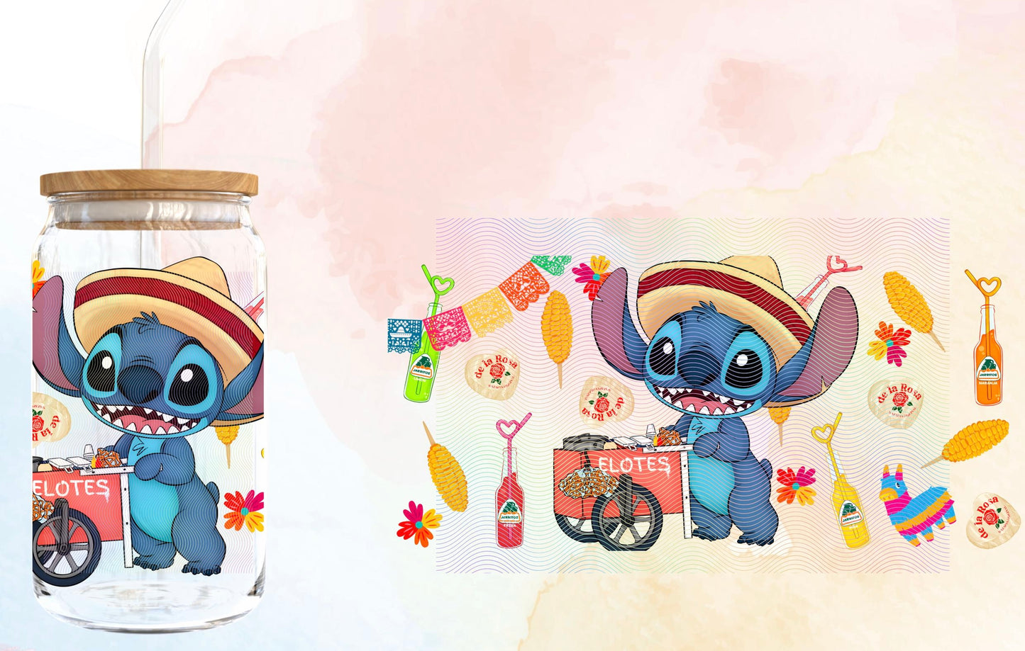 Disney's Stitch Mexican sombrero ELOTES 16oz Libbey Glass Cup Wrap UVDTF, Ready to apply decal STICKERS alien