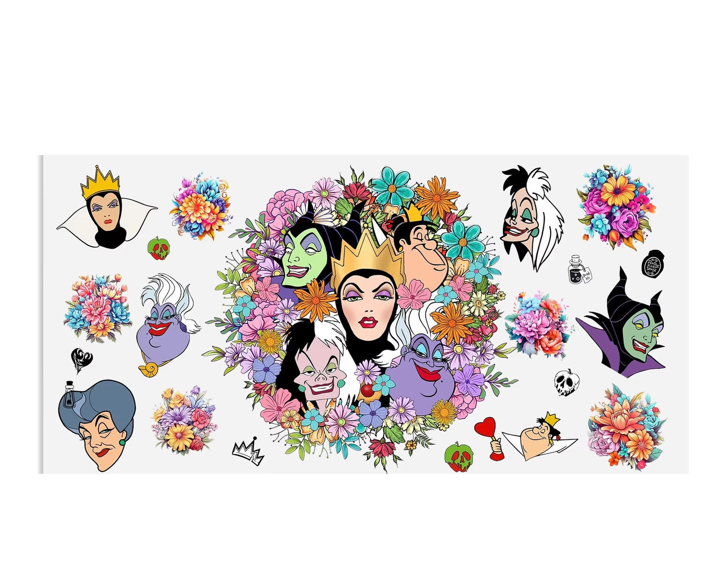 Disney villains The Evil Queen, Cruella de Vil, Ursula, and Maleficent and Lady Tremaine 16oz Libbey Glass Cup Wrap UVDTF, Ready to apply decal STICKERS