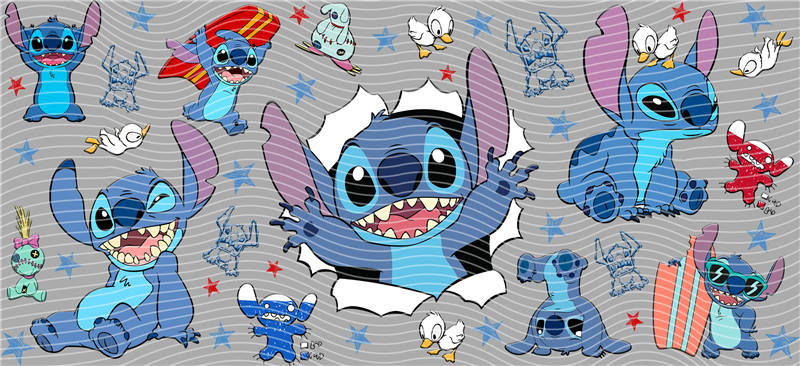 Disney movie Lilo & Stitch 16oz UVDTF cup wrap, ready to apply STICKERS blue alien HAPPY