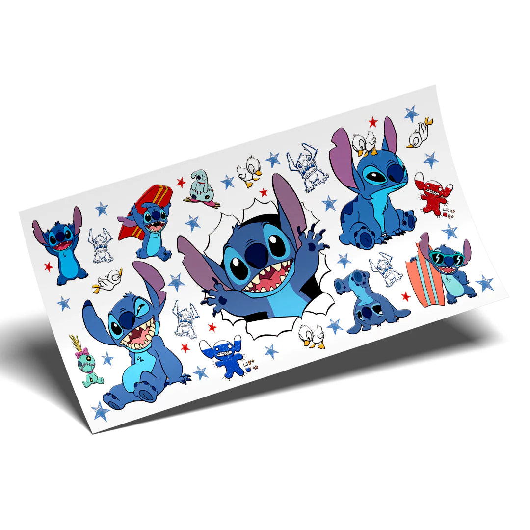 Disney movie Lilo & Stitch 16oz UVDTF cup wrap, ready to apply STICKERS blue alien HAPPY