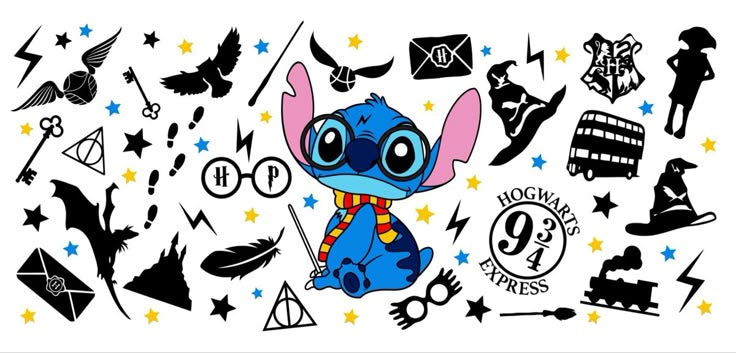 Disney's Lilo & Stitch and the Harry Potter 16oz Libbey Glass Cup Wrap UVDTF, Ready to apply decal STICKERS HP scarf, Hogwarts Express logo, Sorting Hat, Golden Snitch, and various magical symbols