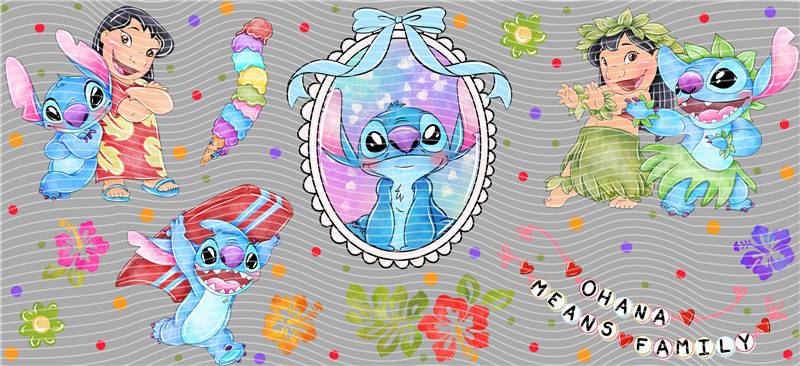 Disney's Lilo & Stitch 16oz Libbey Glass Cup Wrap UVDTF, Ready to apply decal STICKERS hibiscus flowers and Hawaiian Ohana Means Family