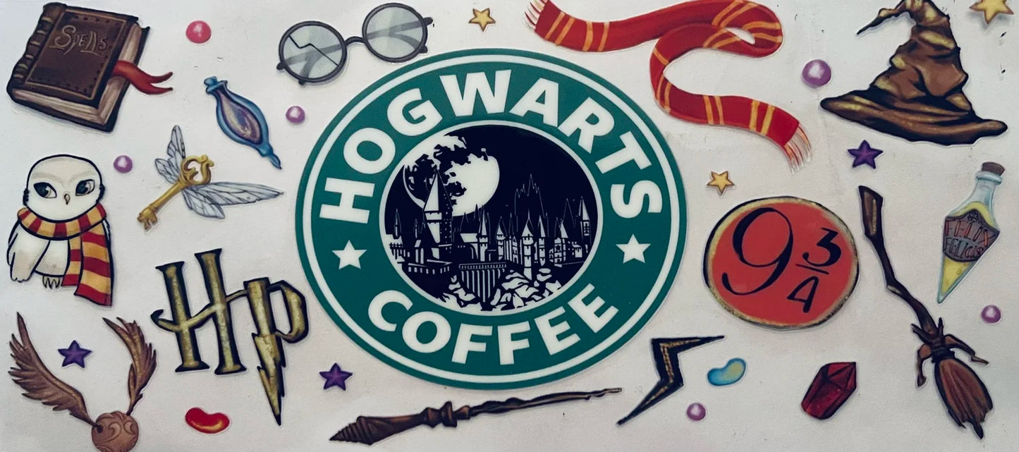 Harry Potter Starbucks Hogwarts castle 16oz Libbey Glass Cup Wrap UVDTF, Ready to apply decal STICKERS HP Golden Snitch, Sorting Hat, wand, Hedwig the owl, and the Platform 9¾ sign
