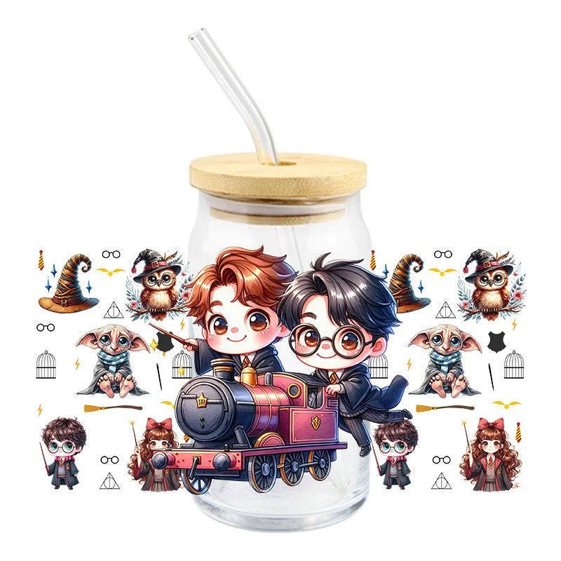 Harry Potter and Hermione Granger 16oz Libbey Glass Cup Wrap UVDTF, Ready to apply decal STICKERS Cartoon Dobby elf Hogwarts Express train, sorting hat, wands, and Hedwig the owl