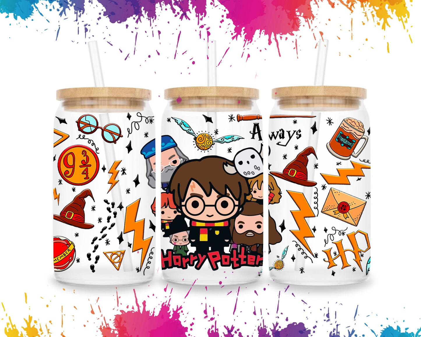 Harry Potter 16oz Libbey Glass Cup Wrap UVDTF, Ready to apply decal STICKERS chibi cartoon Hogwarts crest, Deathly Hallows symbol, and Golden Snitch WIZARD HP