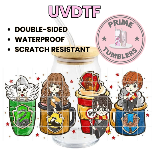 Hedwig, Hermione Granger, Harry Potter, and Ron Weasley, along with the crests of the four Hogwarts houses: Slytherin, Hufflepuff, Gryffindor, and Ravenclaw 16oz Libbey Glass Cup Wrap UVDTF, Ready to apply decal STICKERS WIZARD