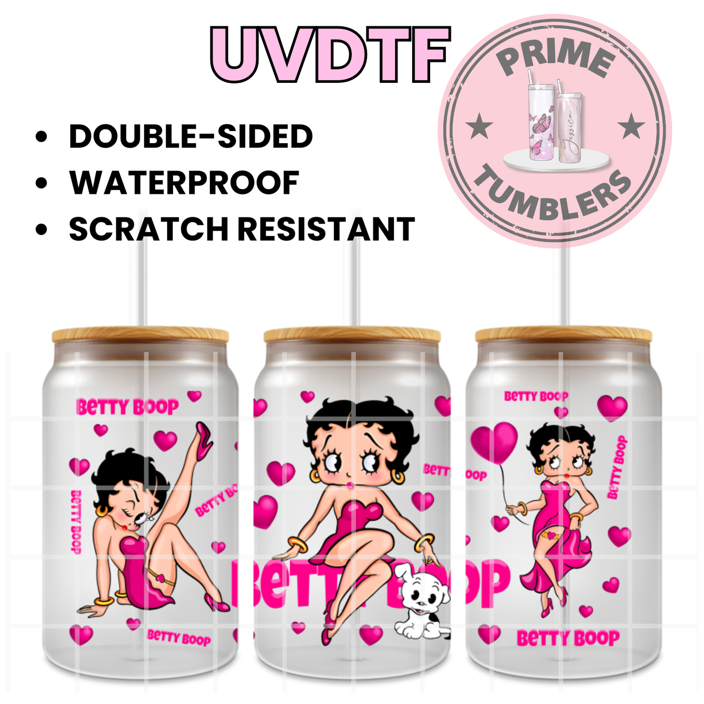 Betty Boop and Bimbo 16oz Libbey Glass Cup Wrap UVDTF, Ready to apply decal STICKERS pink hearts
