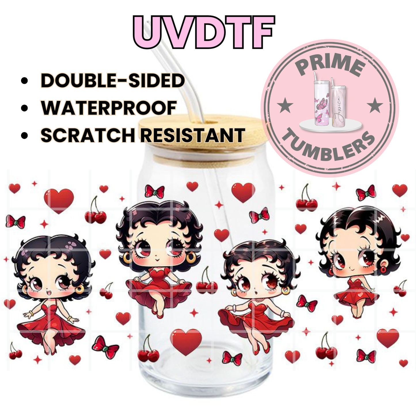 Betty Boop 16oz Libbey Glass Cup Wrap UVDTF, Ready to apply decal STICKERS Hearts, cherries, and red bows