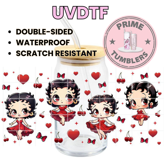 Betty Boop 16oz Libbey Glass Cup Wrap UVDTF, Ready to apply decal STICKERS Hearts, cherries, and red bows