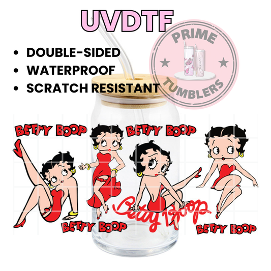 Betty Boop red dress 16oz Libbey Glass Cup Wrap UVDTF, Ready to apply decal STICKERS gold