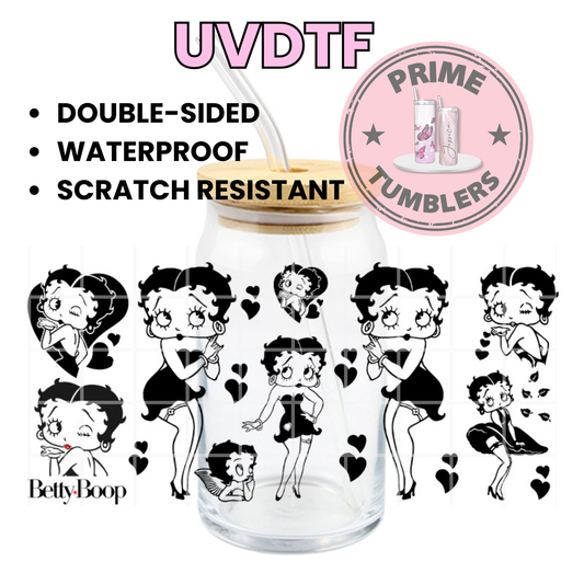 BETTY BOOP black 16oz Libbey Glass Cup Wrap UVDTF, Ready to apply decal STICKERS