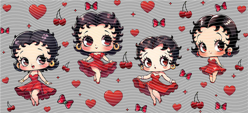 Betty Boop 16oz Libbey Glass Cup Wrap UVDTF, Ready to apply decal STICKERS Hearts, cherries, and red bows