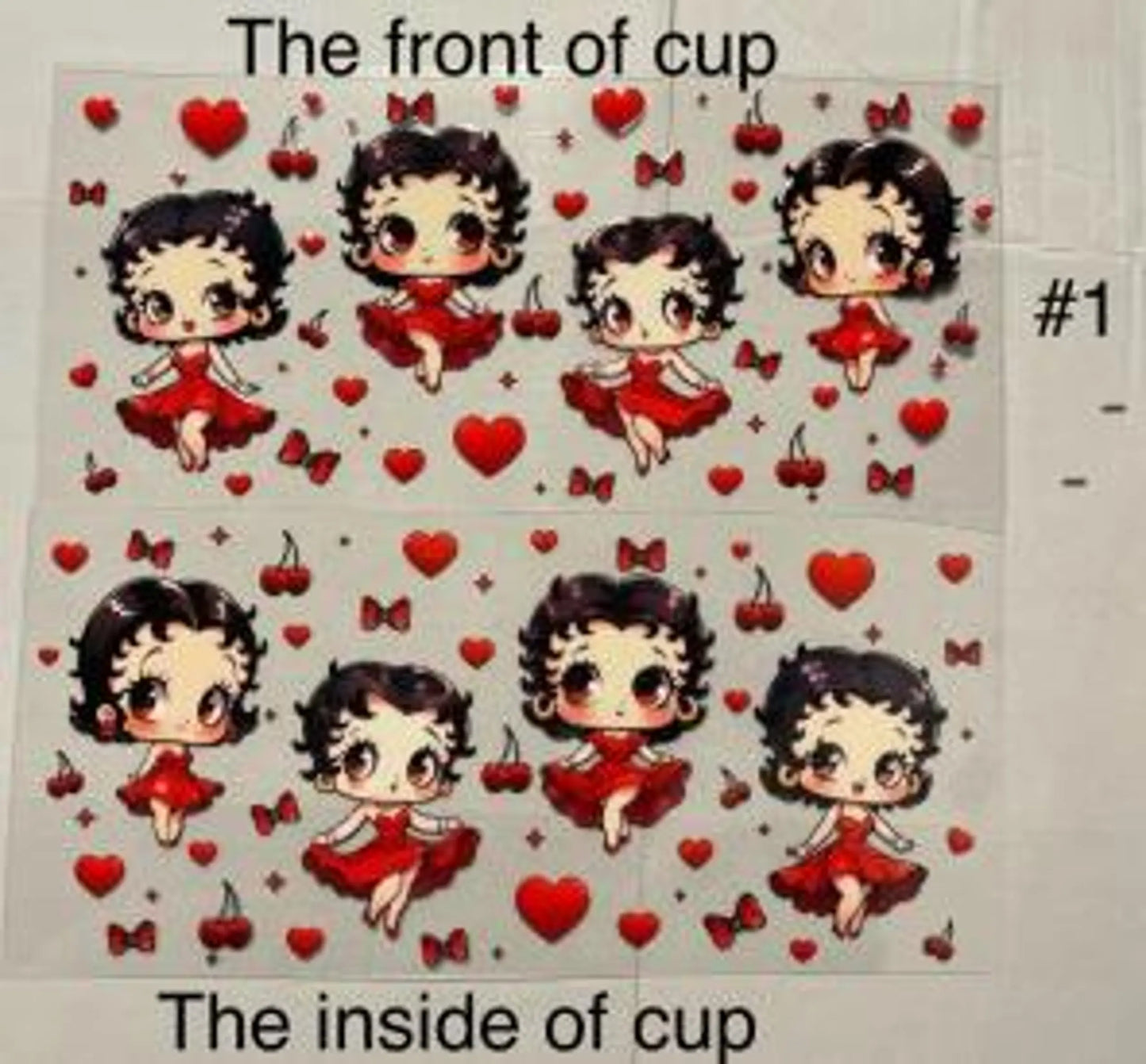 Betty Boop 16oz Libbey Glass Cup Wrap UVDTF, Ready to apply decal STICKERS Hearts, cherries, and red bows