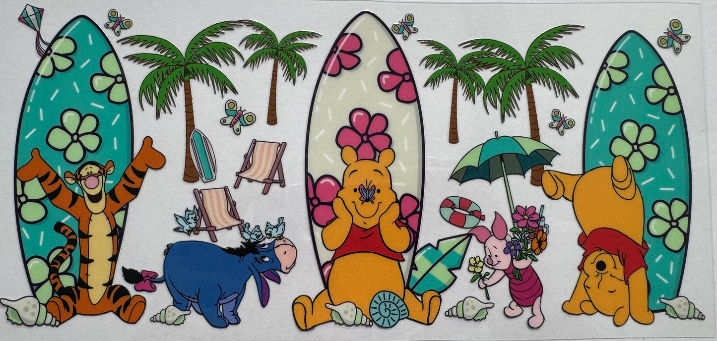 Disney’s Winnie the Pooh Bear and his friends piglet, Tigger, and Eeyore 16oz Libbey Glass Cup Wrap UVDTF, Ready to apply decal STICKERS Walt Disney Hundred Acre Wood hunny beach summer