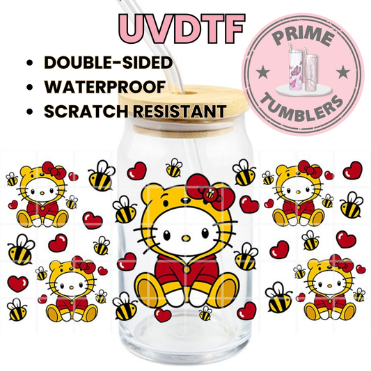 Disney’s Winnie the Pooh Bear HELLO KITTY 16oz Libbey Glass Cup Wrap UVDTF, Ready to apply decal STICKERS Walt Disney Hundred Acre Wood SANRIO KAWAII