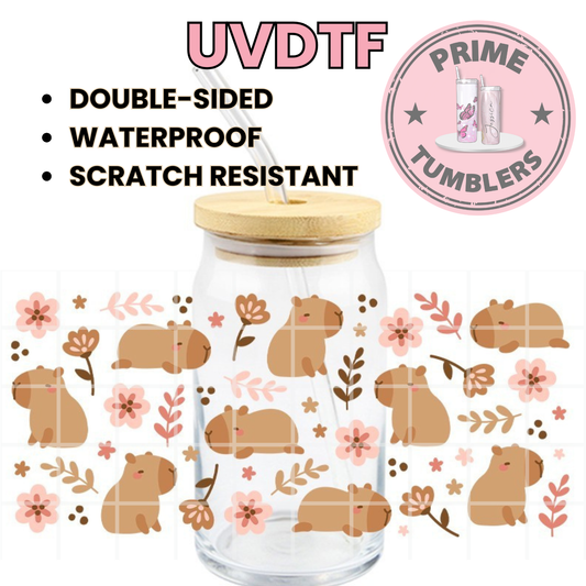 Capybaras pink flowers and brown leaves CAPYBARA 16oz Libbey Glass Cup Wrap UVDTF, Ready to apply decal STICKERS cartoon Kawaii