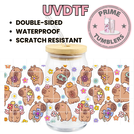Capybaras with flowers CAPYBARA 16oz Libbey Glass Cup Wrap UVDTF, Ready to apply decal STICKERS cartoon