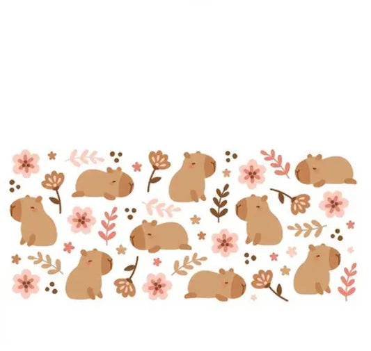 Capybaras pink flowers and brown leaves CAPYBARA 16oz Libbey Glass Cup Wrap UVDTF, Ready to apply decal STICKERS cartoon Kawaii