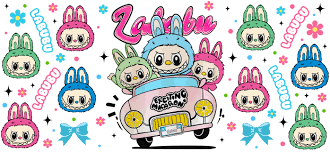 LABUBU car 16oz Libbey Glass Cup Wrap UVDTF, Ready to apply decal STICKERS Labubus aesthetic plush dolls The Monsters Pop Mart Exciting Macaron