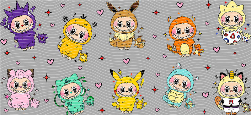 LABUBUS Pokemon 16oz Libbey Glass Cup Wrap UVDTF, Ready to apply decal STICKERS aesthetic plush dolls The Monsters Pop Mart Labubu x Pokémon Pikachu, Eevee, Gengar, and Togepi