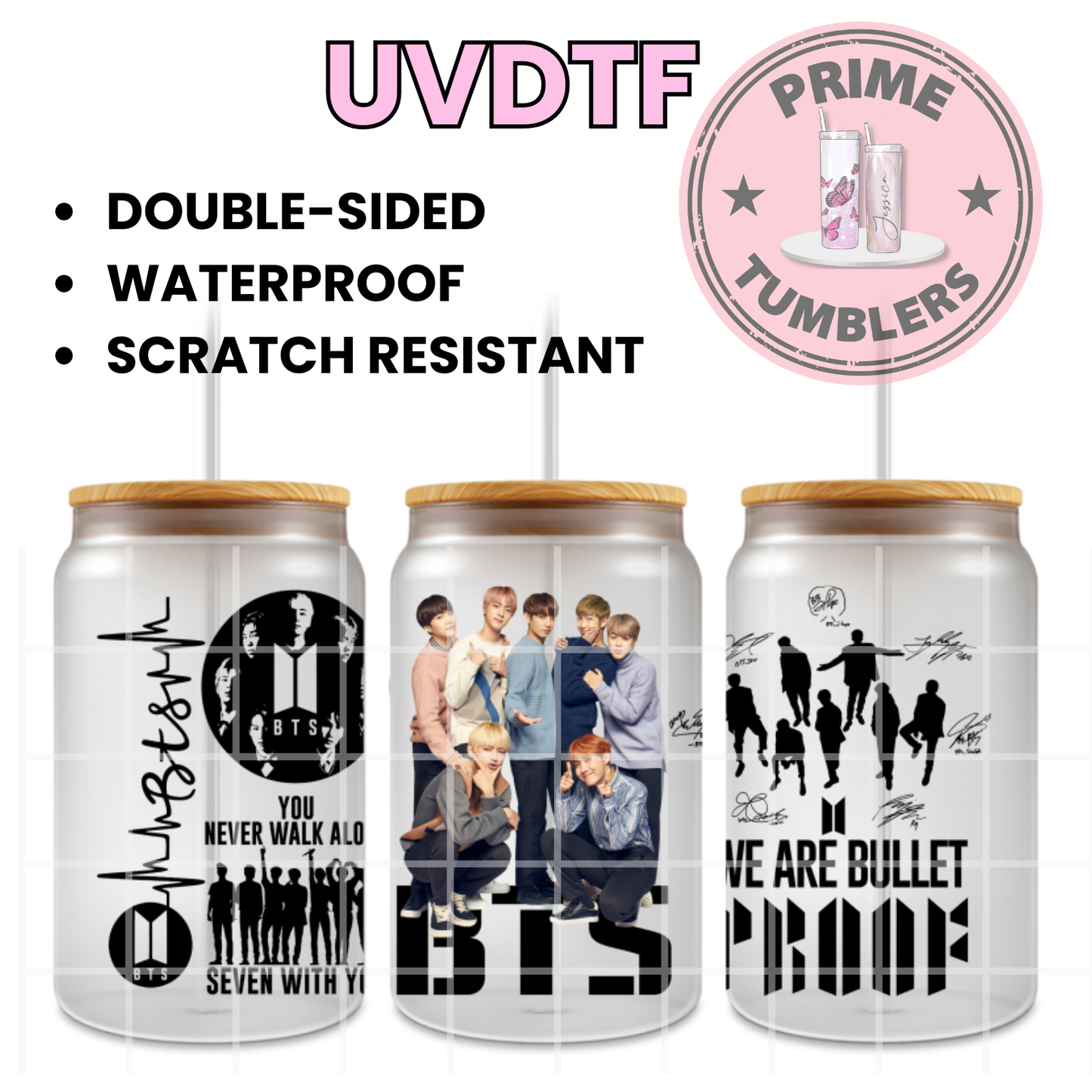 BTS Ready-to-press UVDTF Transfers, Cup wrap decals, Tumbler prints, 16oz Libbey Glass UV STICKERS RM, Jin, Suga, J-Hope, Jimin, V, and Jungkook ARMY South Korean