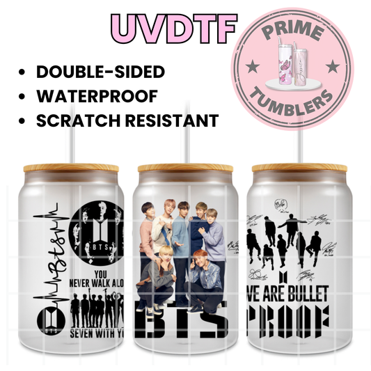 BTS Ready-to-press UVDTF Transfers, Cup wrap decals, Tumbler prints, 16oz Libbey Glass UV STICKERS RM, Jin, Suga, J-Hope, Jimin, V, and Jungkook ARMY South Korean