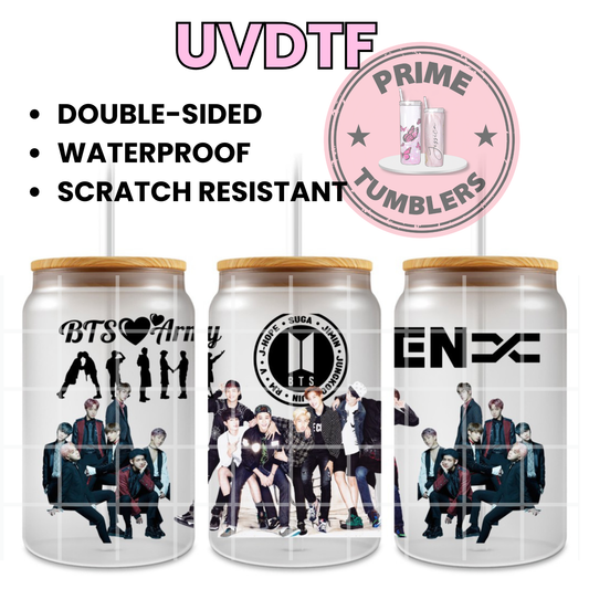K-pop popular boy band BTS (Bangtan Sonyeondan) Ready-to-press UVDTF Transfers, Cup wrap decals, Tumbler prints, 16oz Libbey Glass UV STICKERS RM, Jin, Suga, J-Hope, Jimin, V, and Jungkook ARMY South Korean