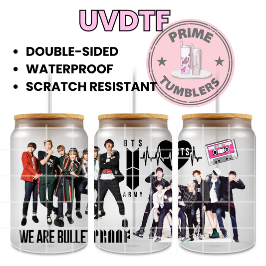 K-pop popular boy band BTS (Bangtan Sonyeondan)  Ready-to-press UVDTF Transfers, Cup wrap decals, Tumbler prints, 16oz Libbey Glass UV STICKERS
