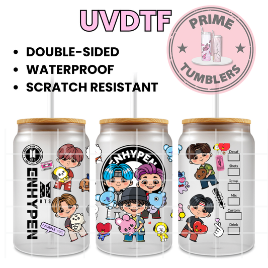 K-pop popular boy band BTS , Ready-to-press UVDTF Transfers, Cup wrap decals, Tumbler prints, 16oz Libbey Glass UV STICKERS RM, Jin, Suga, J-Hope, Jimin, V, and Jungkook ARMY South Korean I purple You