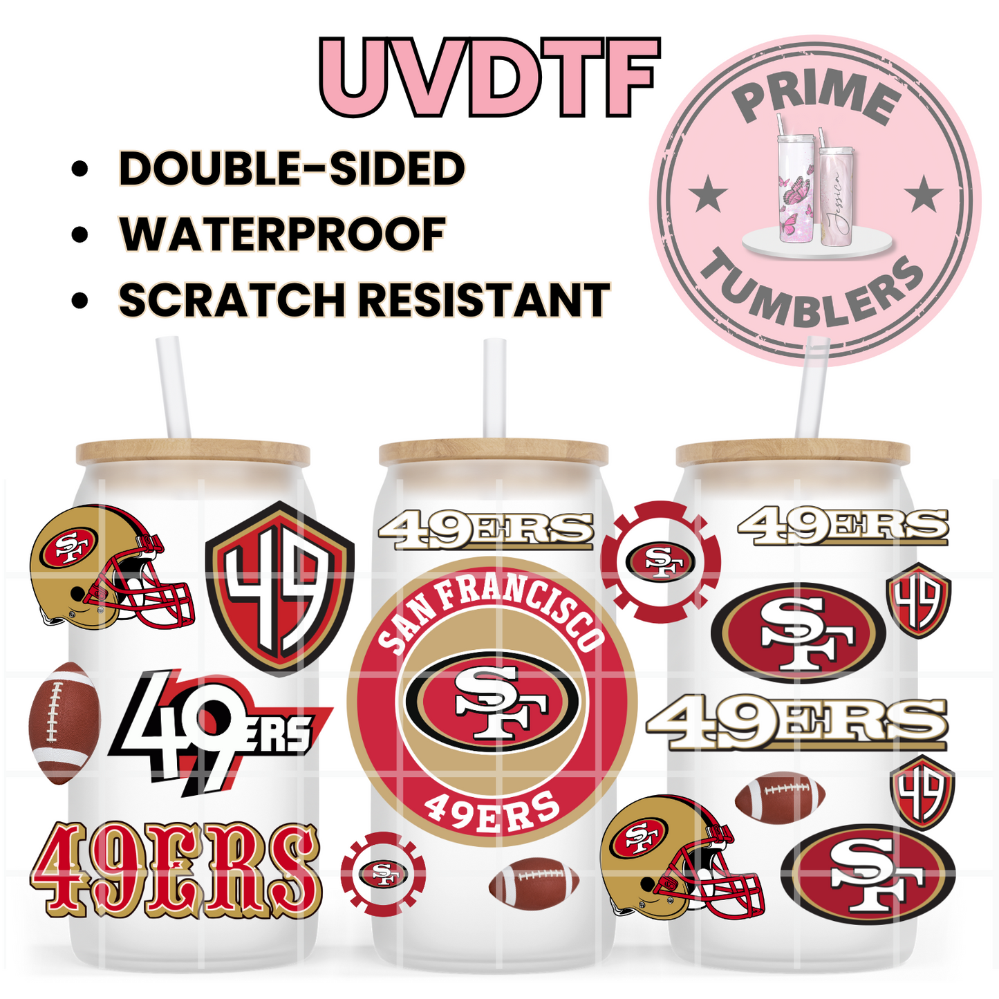 Team Forty Niners Football 49ers SF San Francisco 16oz UVDTF cup wrap, ready to apply STICKERS