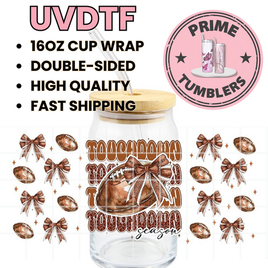 Touchdown coquette BOWS brown 16oz UVDTF cup wrap, ready to apply STICKERS Football Season