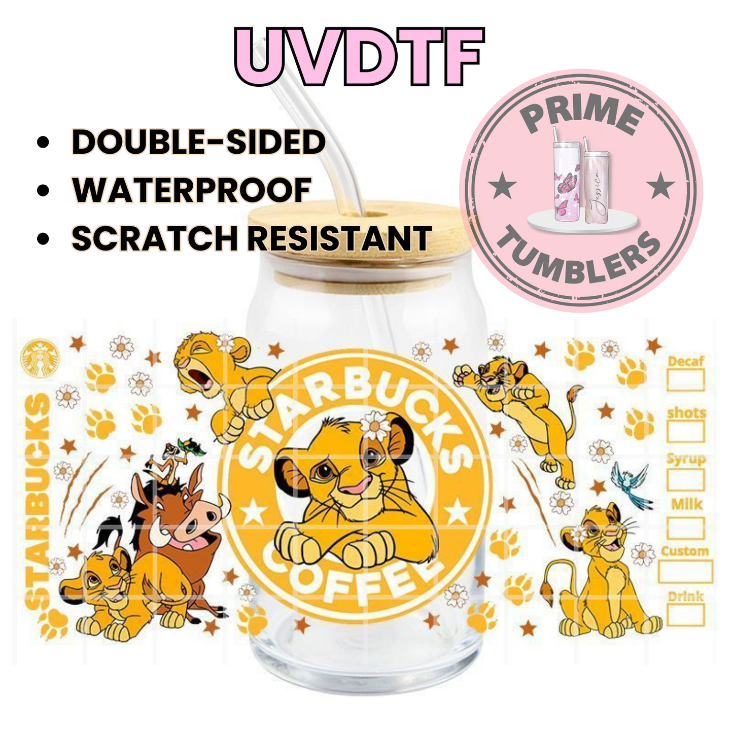 Disney's The Lion King Simba and Timba 16oz UVDTF cup wrap, ready to apply STICKERS Starbucks logo Coffee