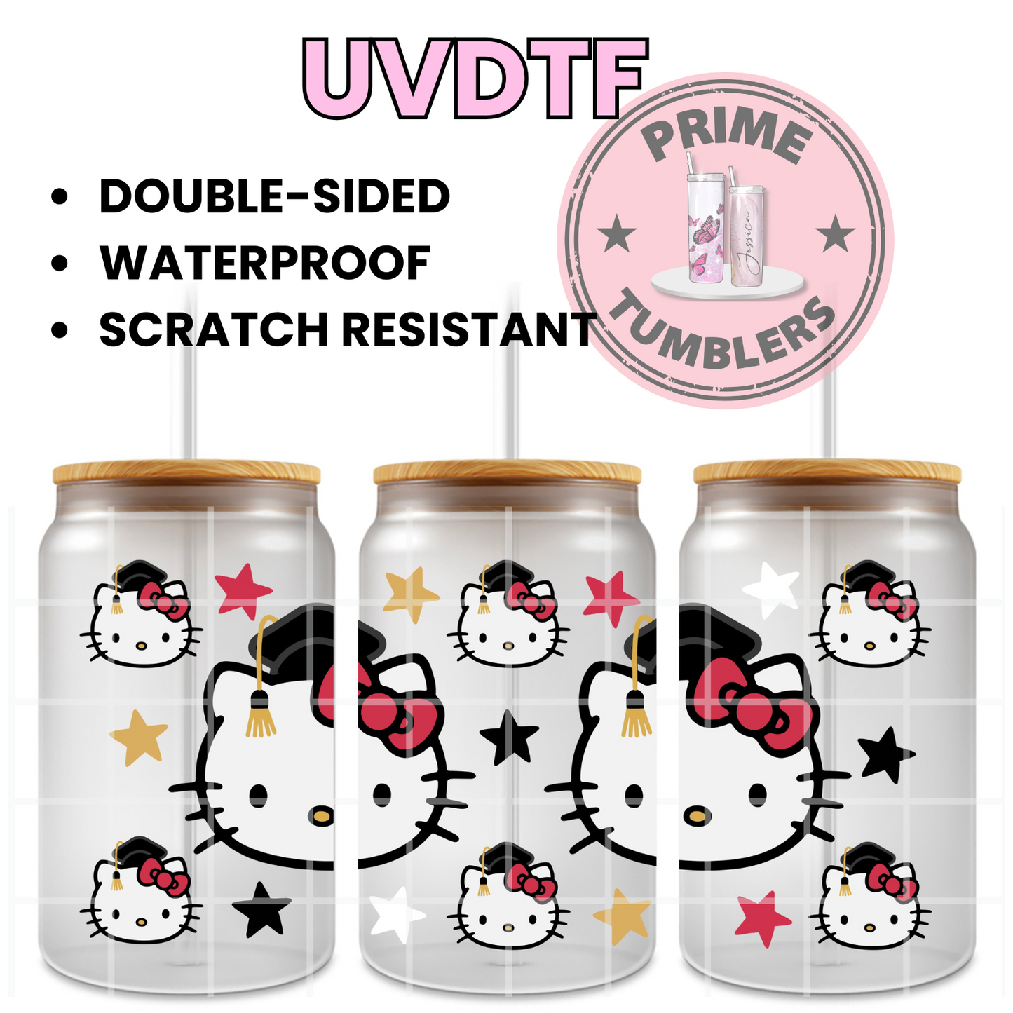 SANRIO Hello Kitty Graduation 16oz UVDTF cup wrap, ready to apply STICKERS HK head