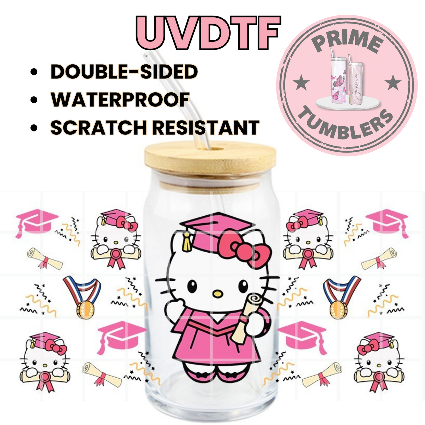SANRIO Hello Kitty Graduation 16oz UVDTF cup wrap, ready to apply STICKERS HK pink