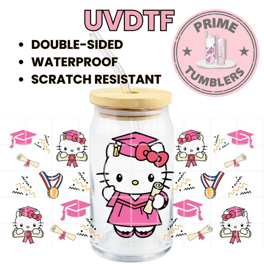 SANRIO Hello Kitty Graduation 16oz UVDTF cup wrap, ready to apply STICKERS HK pink