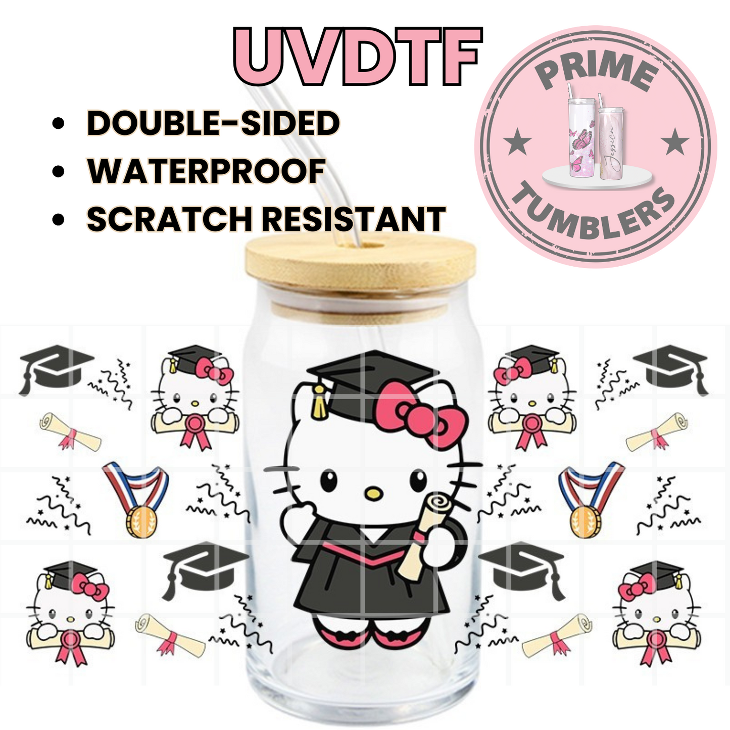 SANRIO Hello Kitty Graduation 16oz UVDTF cup wrap, ready to apply STICKERS HK black
