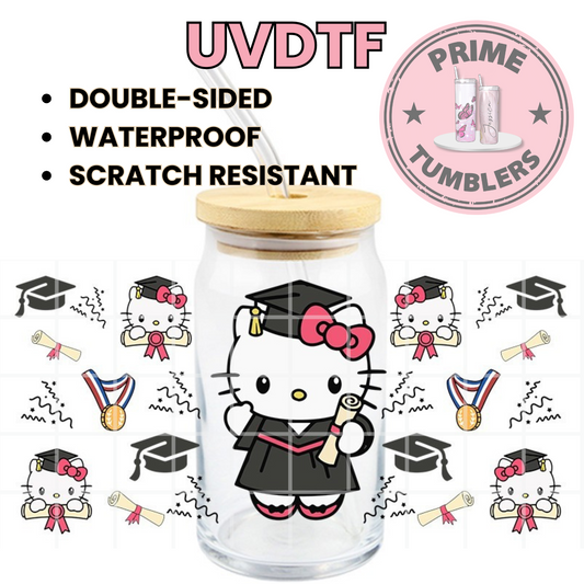 SANRIO Hello Kitty Graduation 16oz UVDTF cup wrap, ready to apply STICKERS HK black