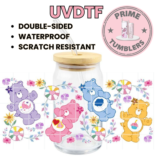 CareBEARS light colors flowers 16oz Libbey Glass Cup Wrap UVDTF, Ready to apply decal STICKERS Care Bedtime Bear (purple), Cheer Bear (pink), Grumpy Bear (blue), and Funshine Bear (yellow)