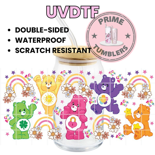 Care BEARS rainbow 16oz Libbey Glass Cup Wrap UVDTF, Ready to apply decal STICKERS Good Luck Bear, Funshine Bear, Love-a-Lot Bear, Harmony Bear and Wish Bear