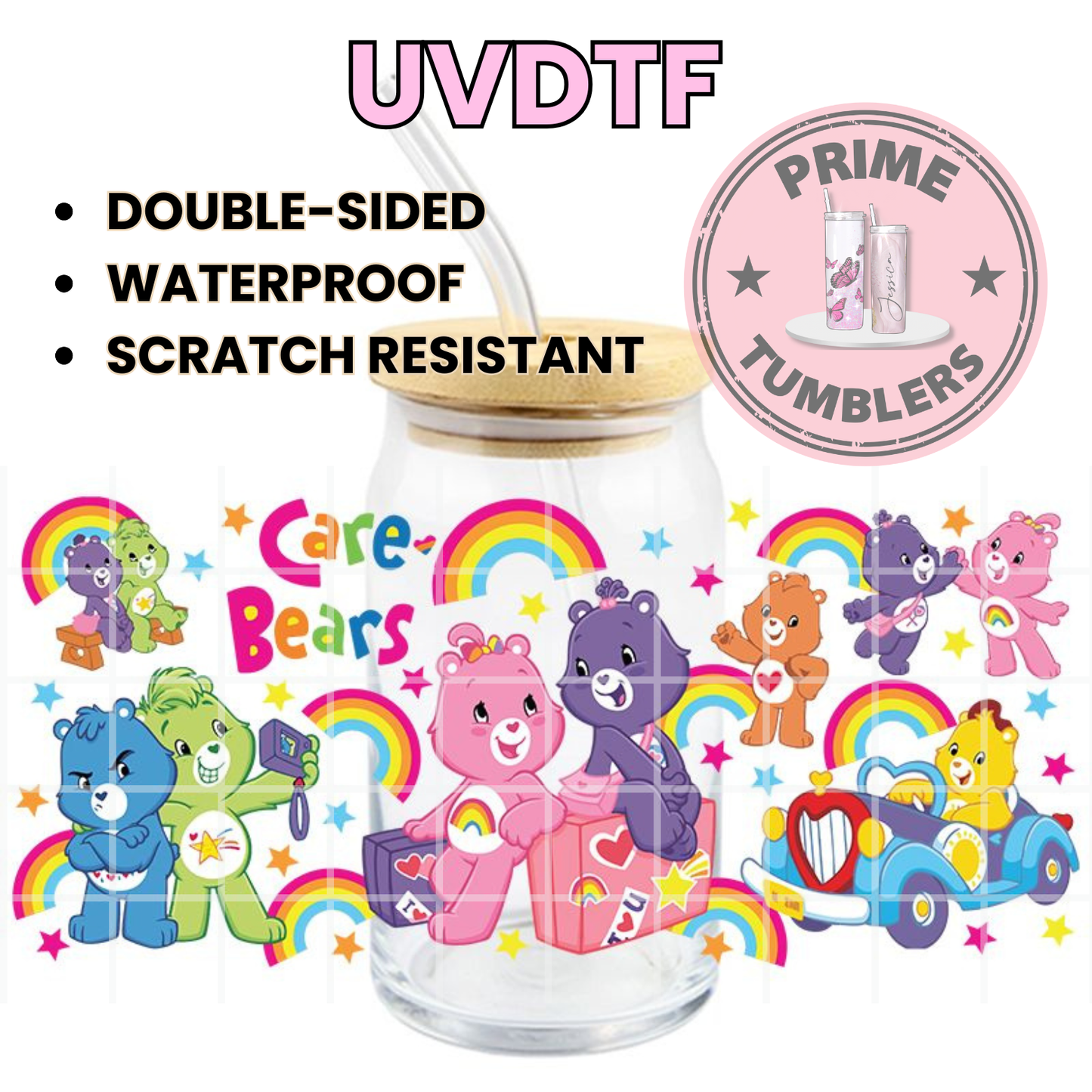 CareBEARS car 16oz UVDTF cup wrap, ready to apply STICKERS decal Care Bear