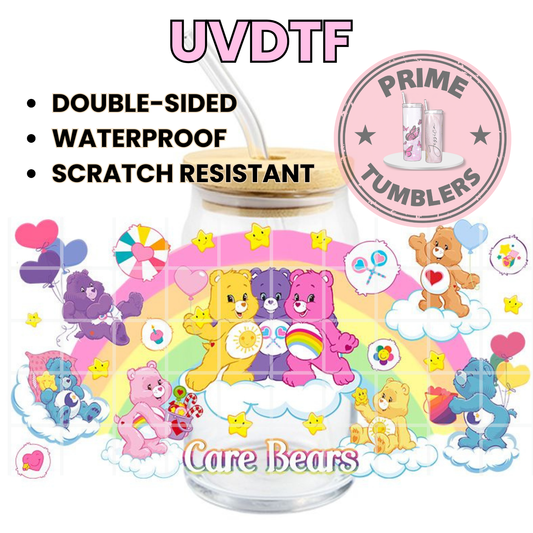CareBEARS rainbow 16oz UVDTF cup wrap, ready to apply STICKERS decal Care Bear