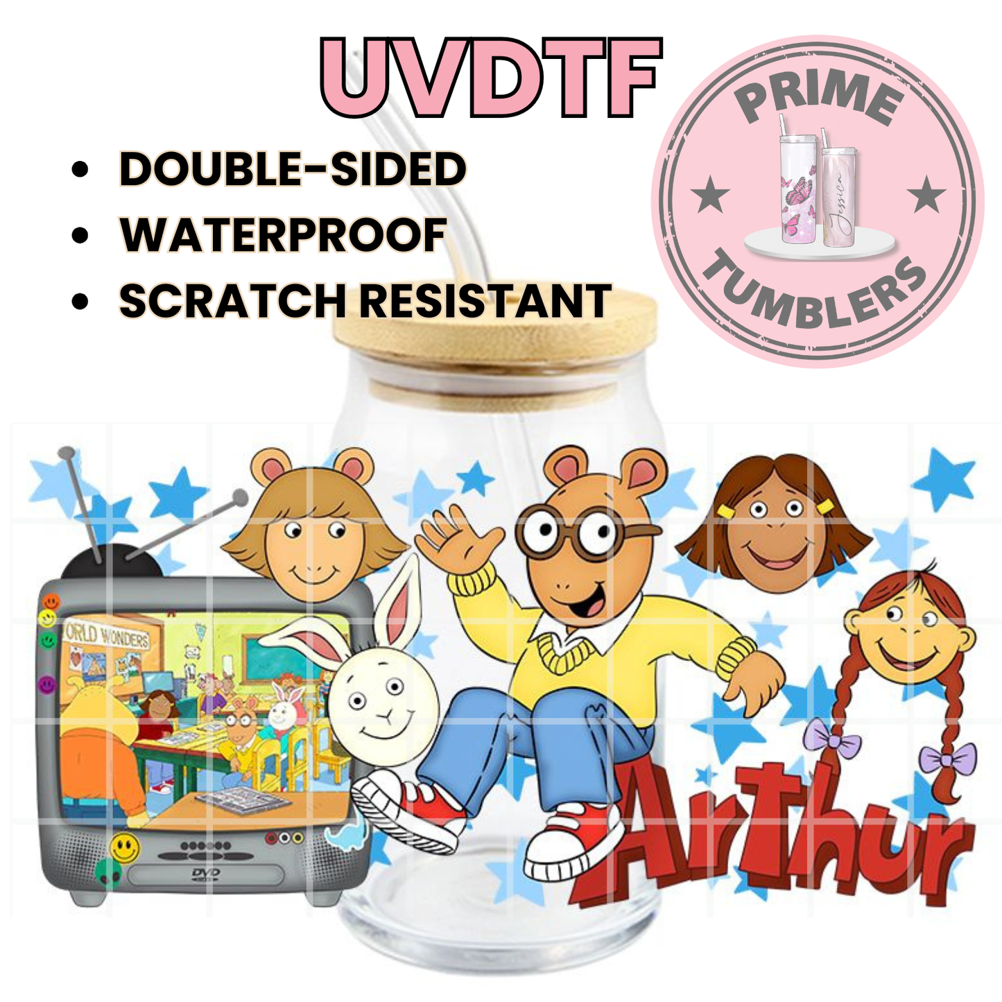 Nickelodeon Arthur Tv show 16oz Libbey Glass Cup Wrap UVDTF, Ready to apply decal STICKERS